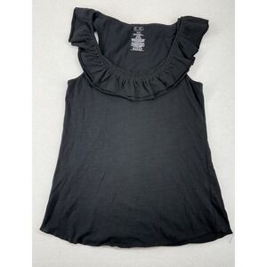 BCBG Paris Women's Sleeveless Tank‎ Top Double Ruffle Neck Black Cotton Medium